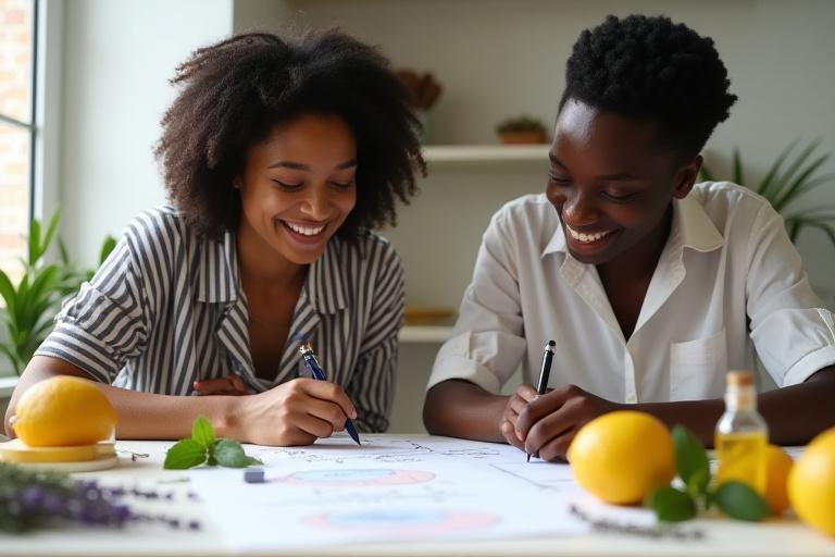 Founders sketching ideas with natural ingredients like lemon and herbs on a table.